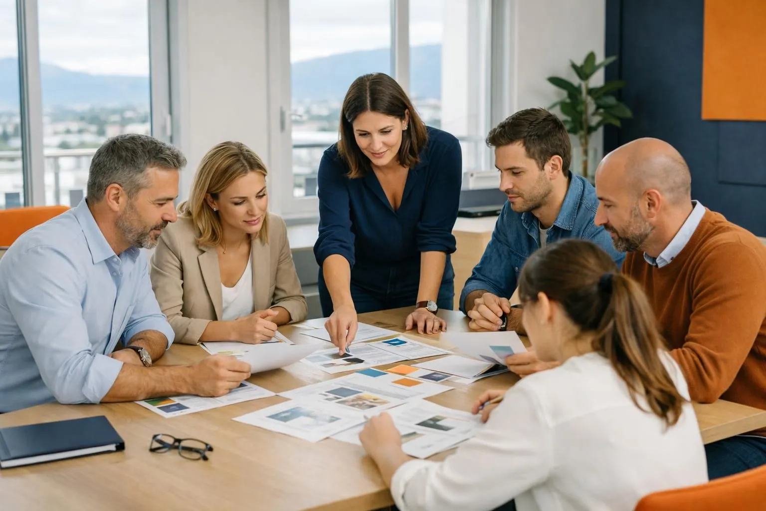Professional meeting in modern Lausanne office with team reviewing communication campaign materials and brand strategy documents on large table, natural Swiss light through windows