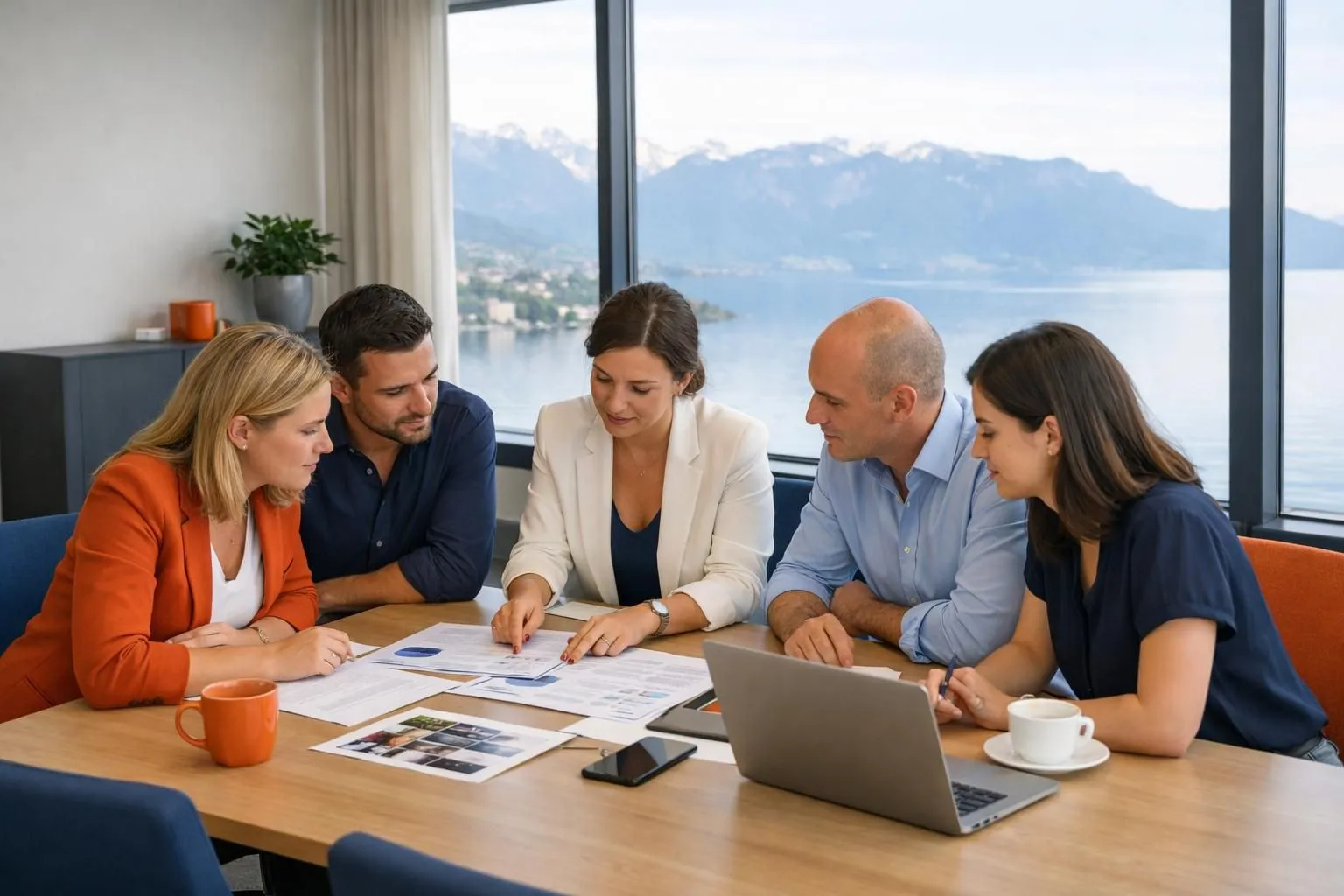 A professional event planning team meeting in a modern Swiss office with a view of Lake Geneva, reviewing colorful event materials and budget documents on a conference table, laptop displaying event logistics, natural lighting, business casual attire, collaborative atmosphere