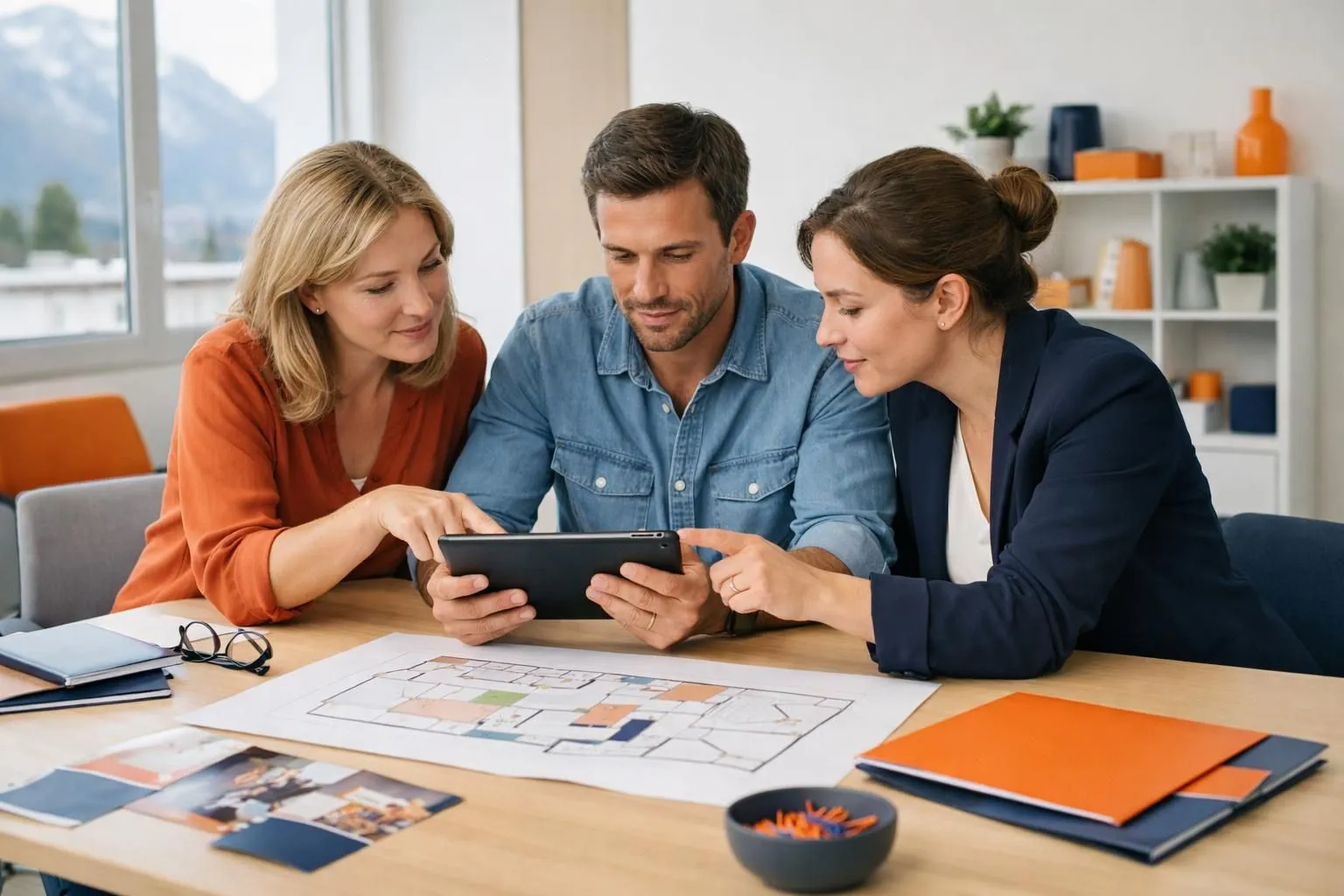 Event planning team analyzing shopping mall foot traffic data on tablet and blueprints in bright Swiss office, professional marketing materials visible, no text or signs in scene