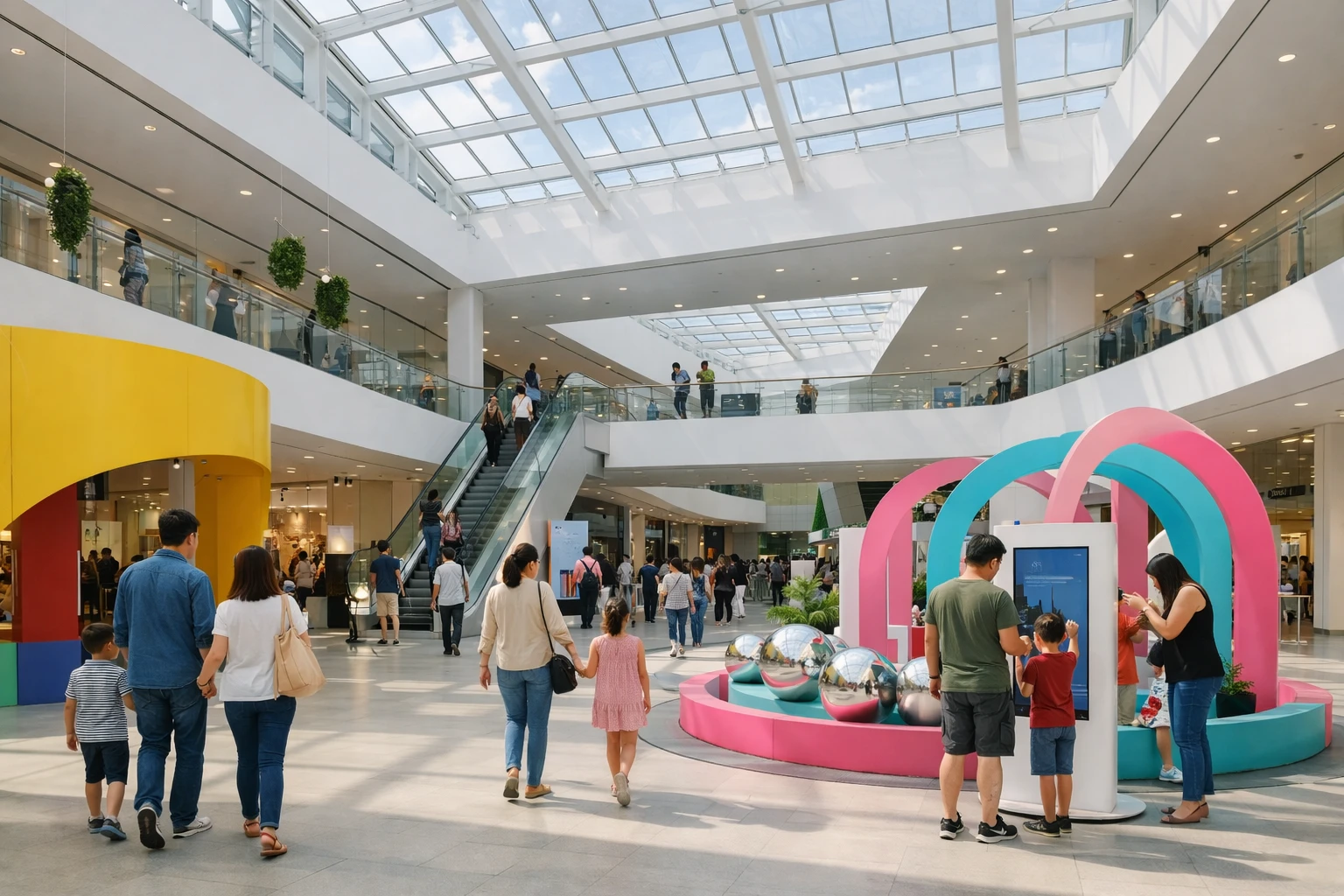 Busy modern shopping center in Switzerland with families walking through bright atrium, people interacting with digital screens and pop-up installations, diverse shoppers enjoying experiential retail activities, natural daylight streaming through glass roof