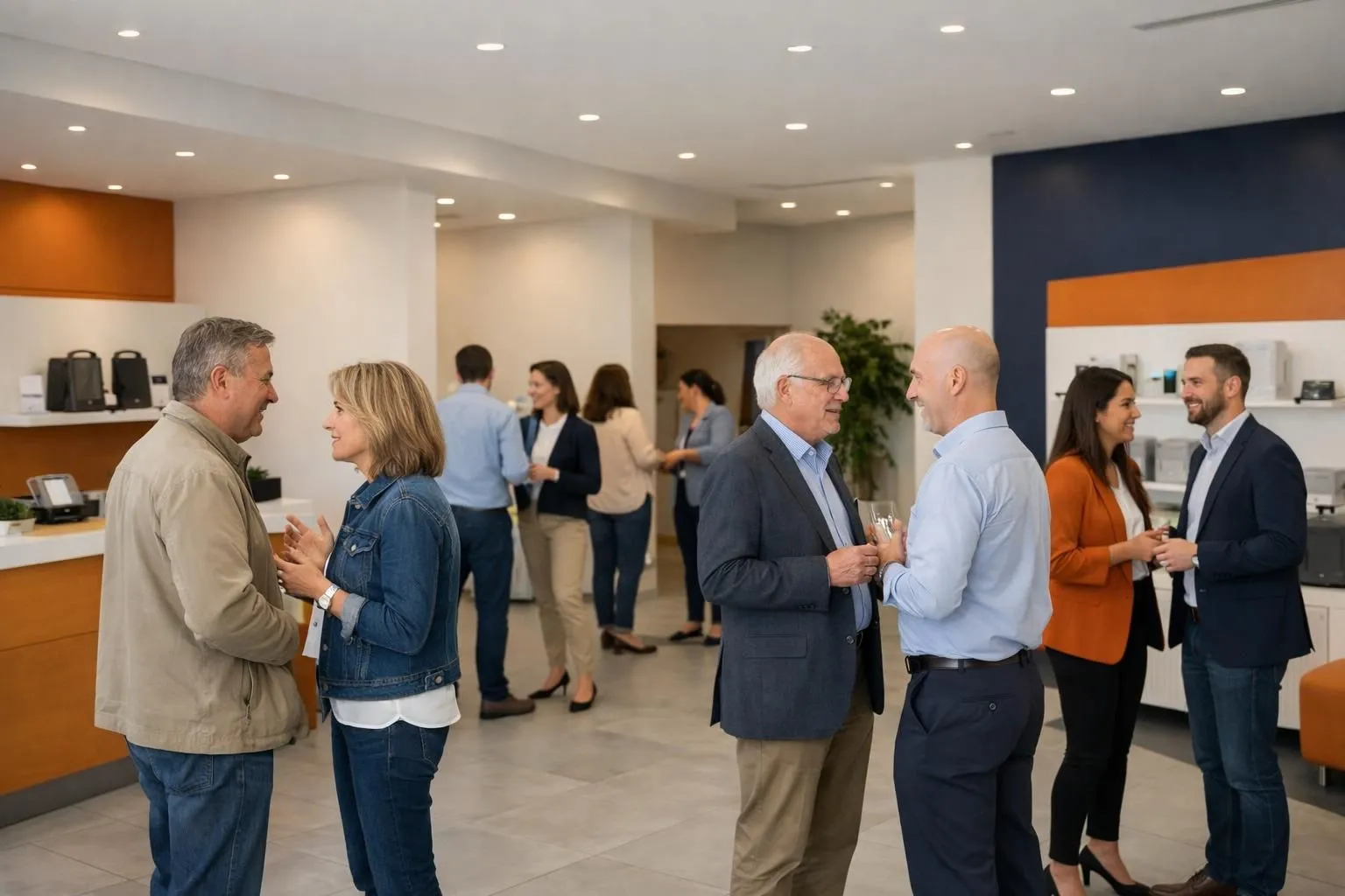 Business professionals greeting visitors at modern office entrance during open house event, people shaking hands and exchanging conversation in bright corporate lobby, welcoming atmosphere with product displays visible in background