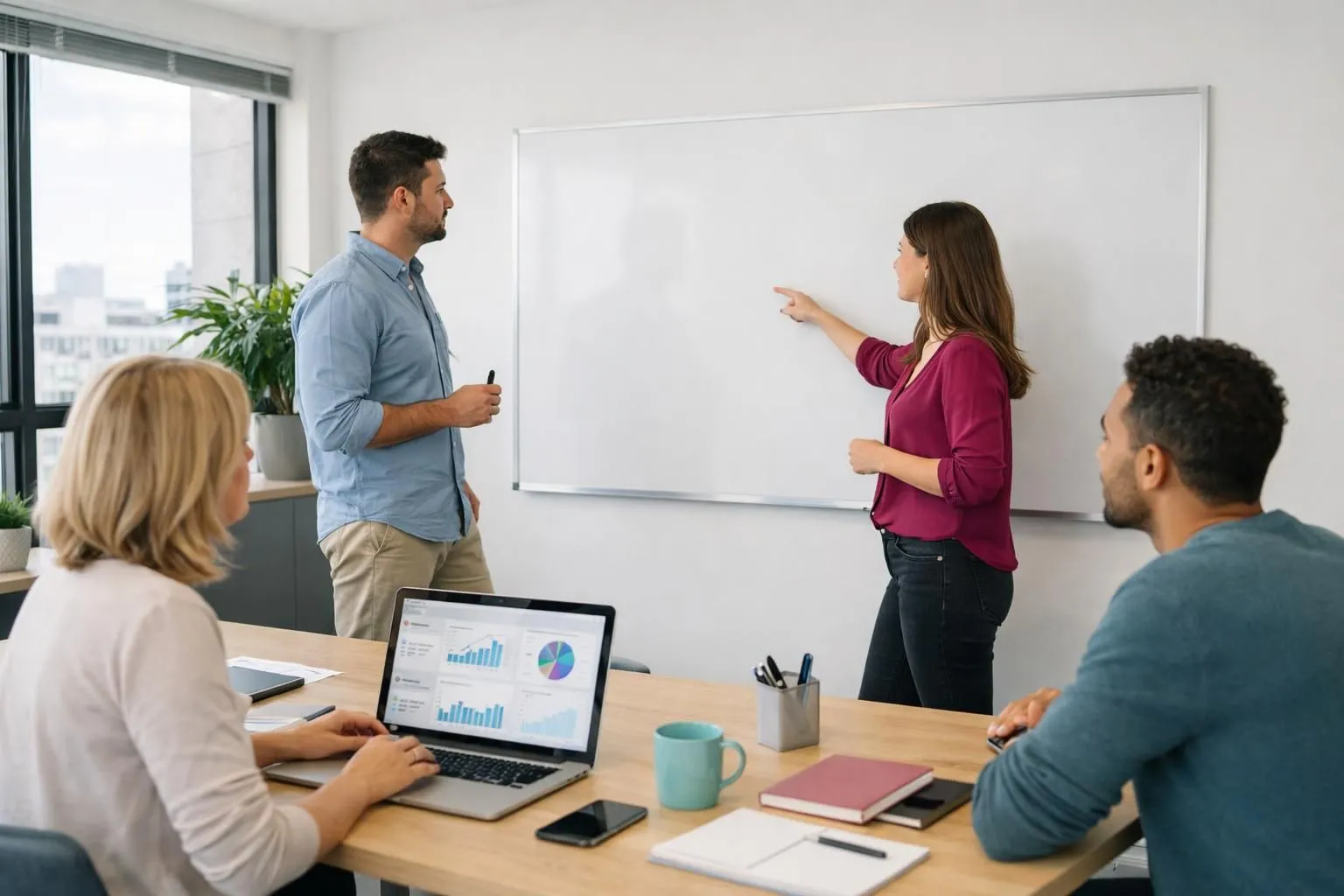 Modern office workspace showing a marketing team planning on a whiteboard with colorful post-it notes, alongside a laptop displaying social media analytics dashboards and email campaign metrics, bright natural lighting, professional environment