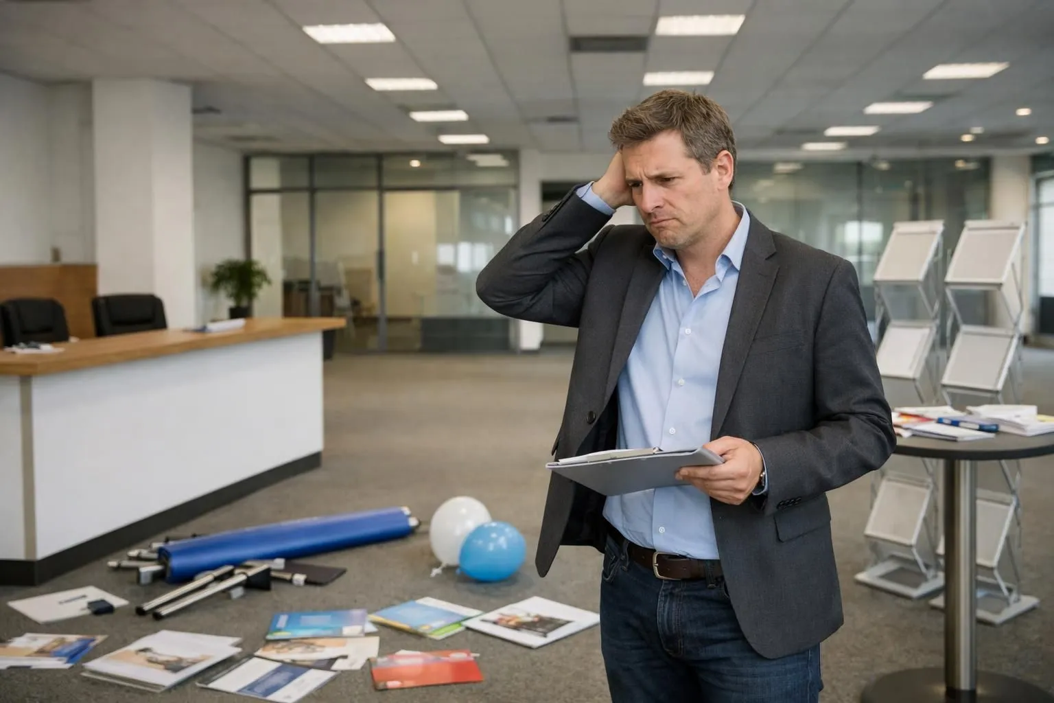 Frustrated event organizer checking empty corporate open house venue with unmanned registration desk and scattered promotional materials, professional business environment with disappointed expression