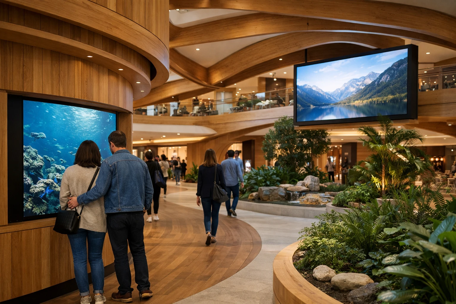 Modern shopping center interior with immersive storytelling design featuring natural wood installations, ambient lighting creating emotional zones, interactive digital displays integrated into architectural elements, visitors discovering themed retail spaces with botanical accents and curved pathways guiding through narrative environments