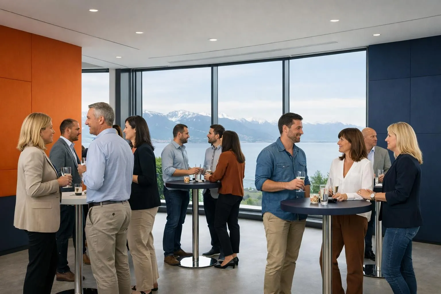 Modern conference venue overlooking Lake Geneva in Lausanne, with business professionals in smart casual attire networking around elegant cocktail tables, floor-to-ceiling windows revealing the lake and Alps in the background