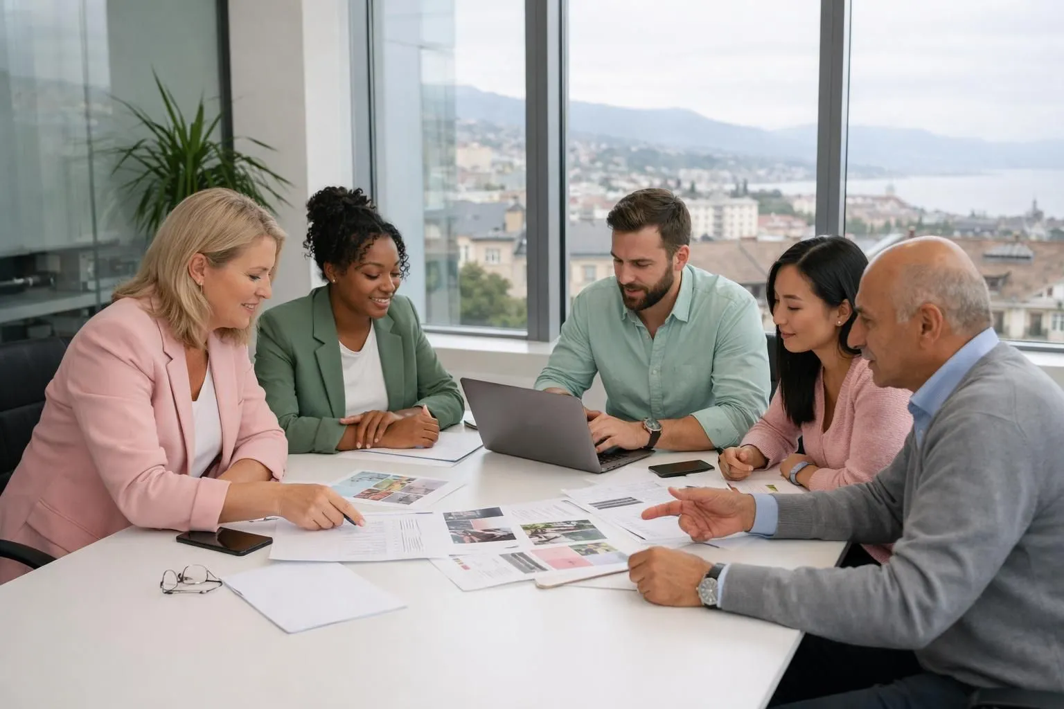 Business team meeting in modern Lausanne office, professionals gathered around conference table reviewing event planning documents and digital presentations, natural lighting, diverse group collaborating on strategy, realistic corporate setting