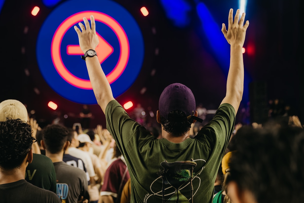 A person with arms raised at a concert