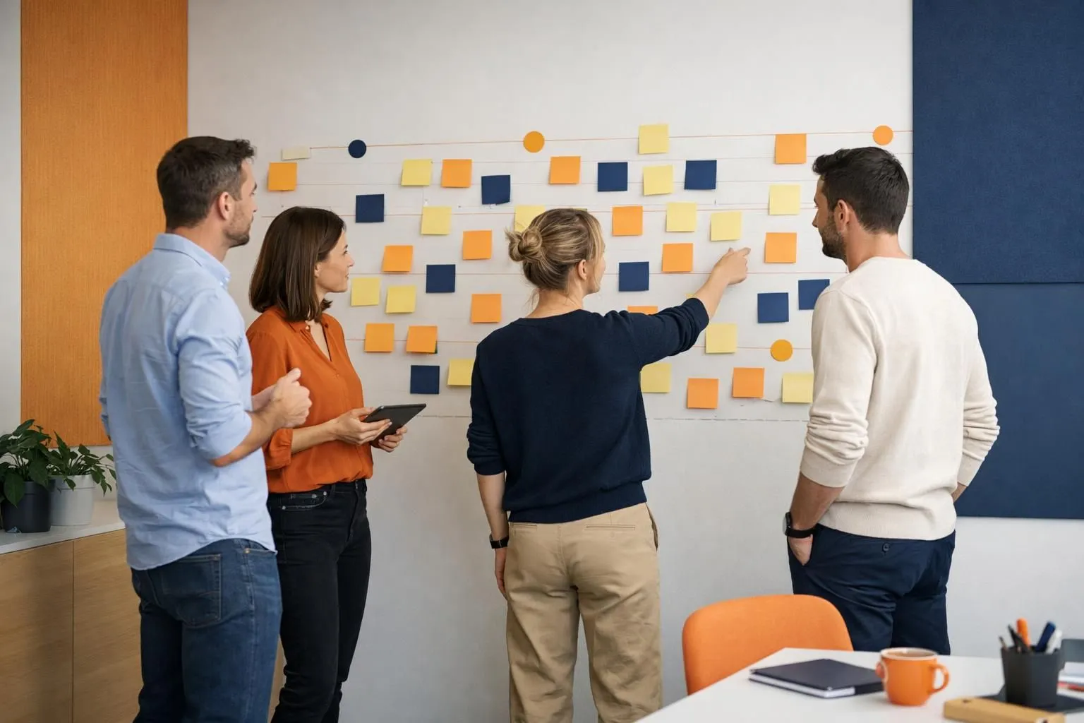 Professional marketing team reviewing event communication timeline on large wall calendar with sticky notes and charts in modern Swiss office setting