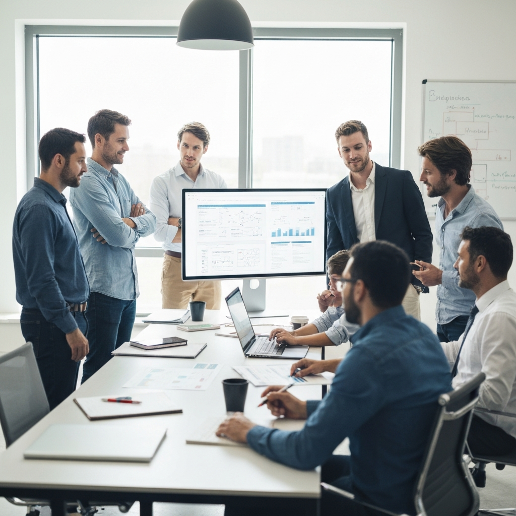 Modern marketing agency team collaborating around a large digital screen showing shopping mall visitor analytics and social media campaigns, diverse professionals discussing strategy in bright contemporary office space with laptops and tablets, realistic business environment focused on communication planning