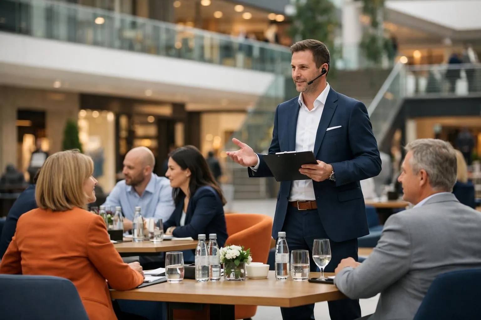 Professional event planner coordinating a corporate gathering in a modern Swiss shopping center, with elegant decor setup and people discussing event details around a planning table, natural lighting, contemporary business atmosphere