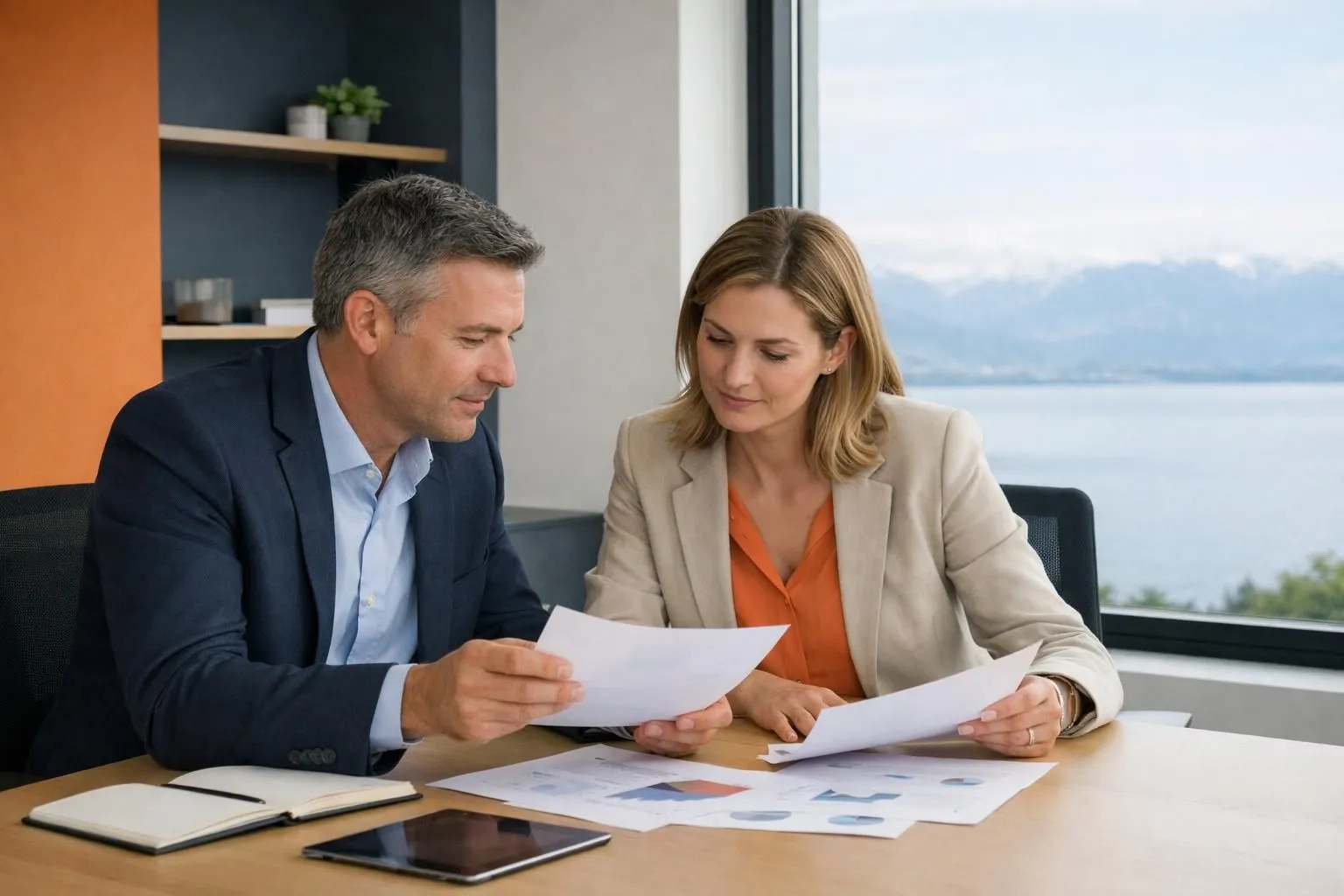 Two business professionals reviewing marketing materials together at a modern office desk in Lausanne, with Geneva Lake visible through the window, realistic corporate setting showing collaboration between agency and client