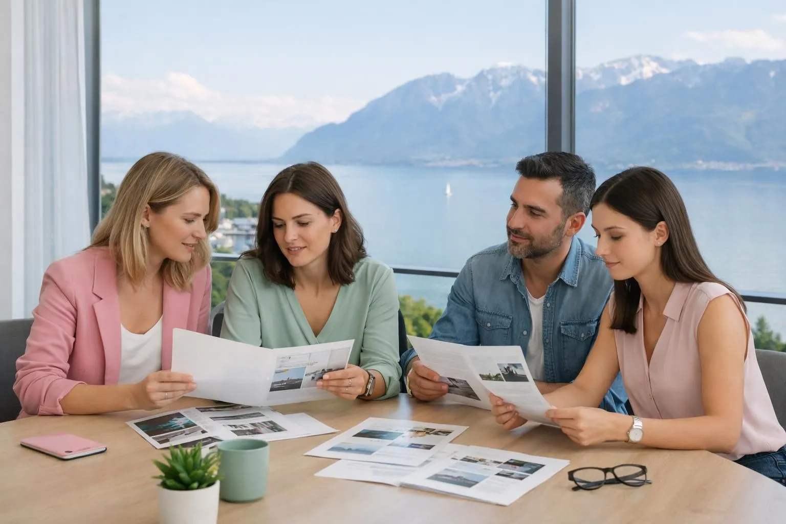 Professional business meeting in Swiss office with marketing team presenting portfolio documents and regional case studies spread across modern conference table, natural lighting from large windows showing Lake Geneva view, no text or labels visible