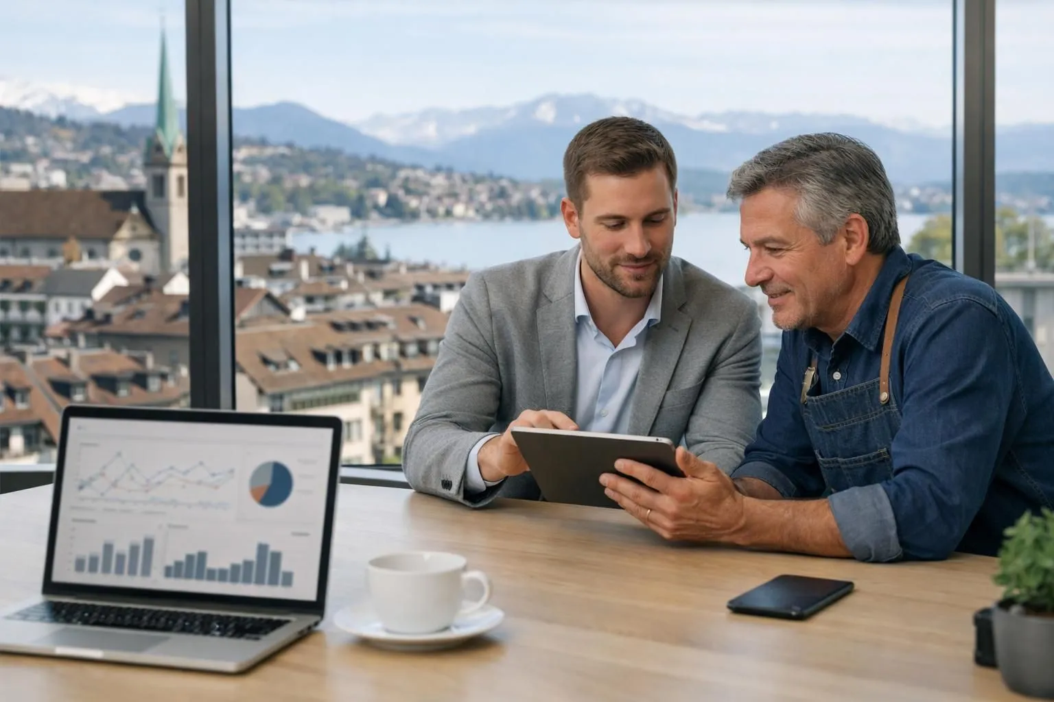 Marketing consultant analyzing digital strategy on tablet with local retail business owner across conference table, Swiss city visible through modern office window, laptop showing analytics dashboard in foreground