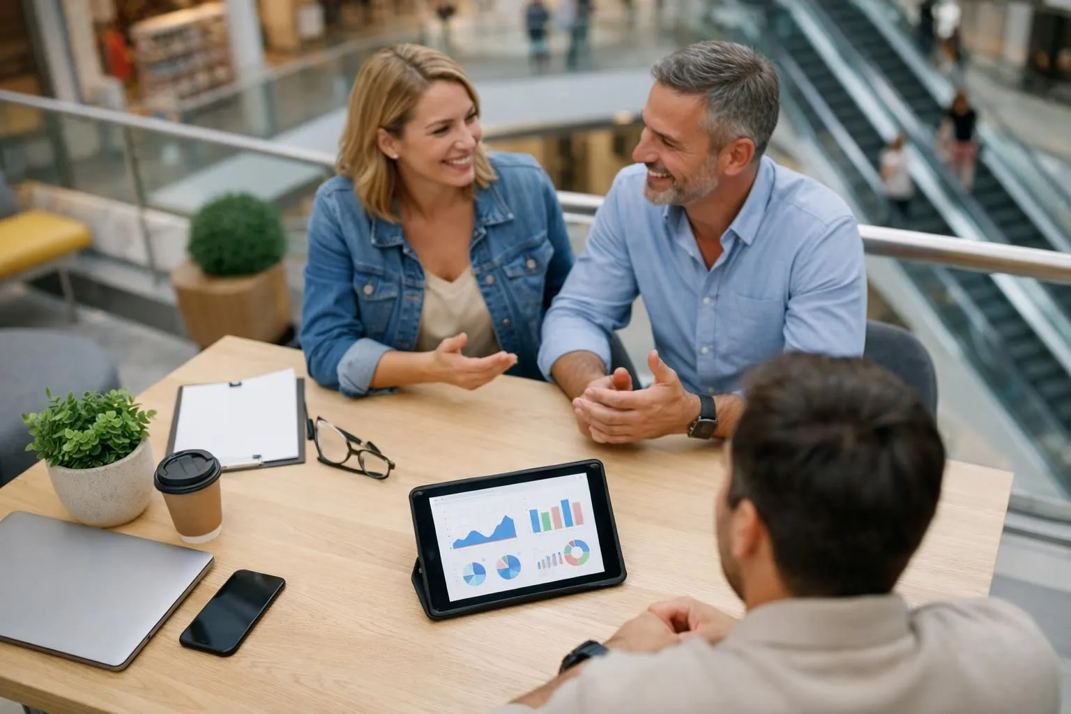 Marketing consultant presenting campaign results on tablet to delighted shopping center manager and local business owner in modern retail setting, genuine expressions of satisfaction and trust