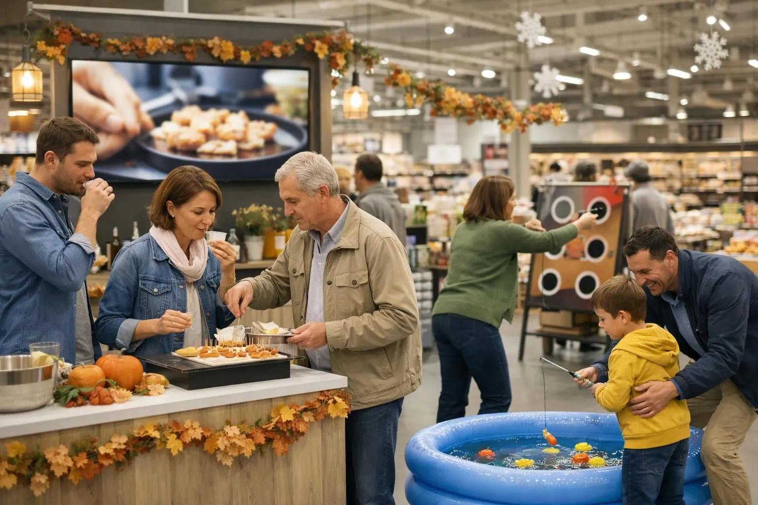 Supermarket interior showing diverse commercial animation activities: product tasting station with customers sampling food, interactive game display with shoppers participating, seasonal themed decoration area, digital screen showing promotional content, and flash sale signage, all within a modern retail environment with bright lighting and shopping aisles visible