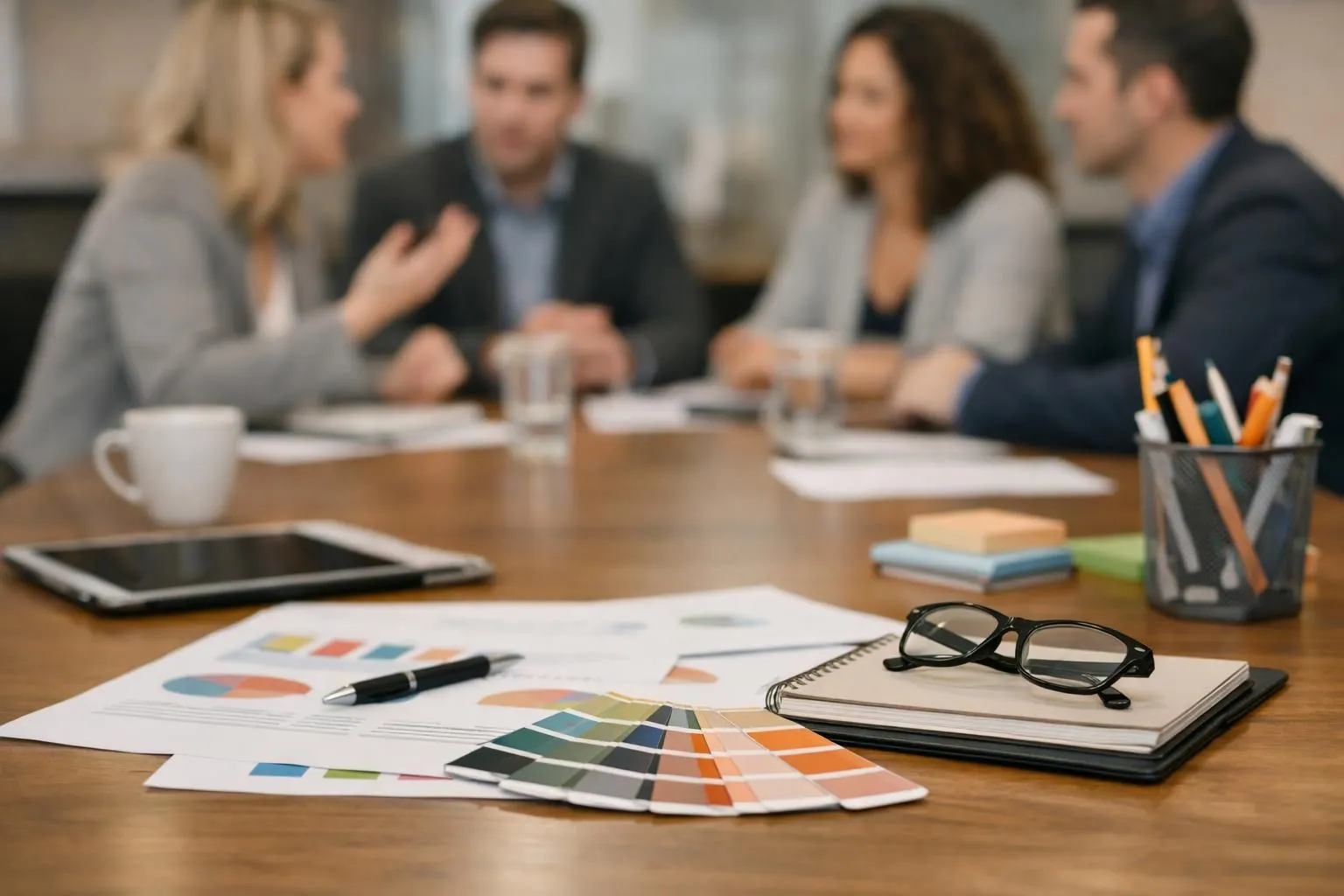 Marketing team meeting around conference table reviewing planning documents and timeline charts for retail animation campaign, professional office environment with laptops and product samples visible