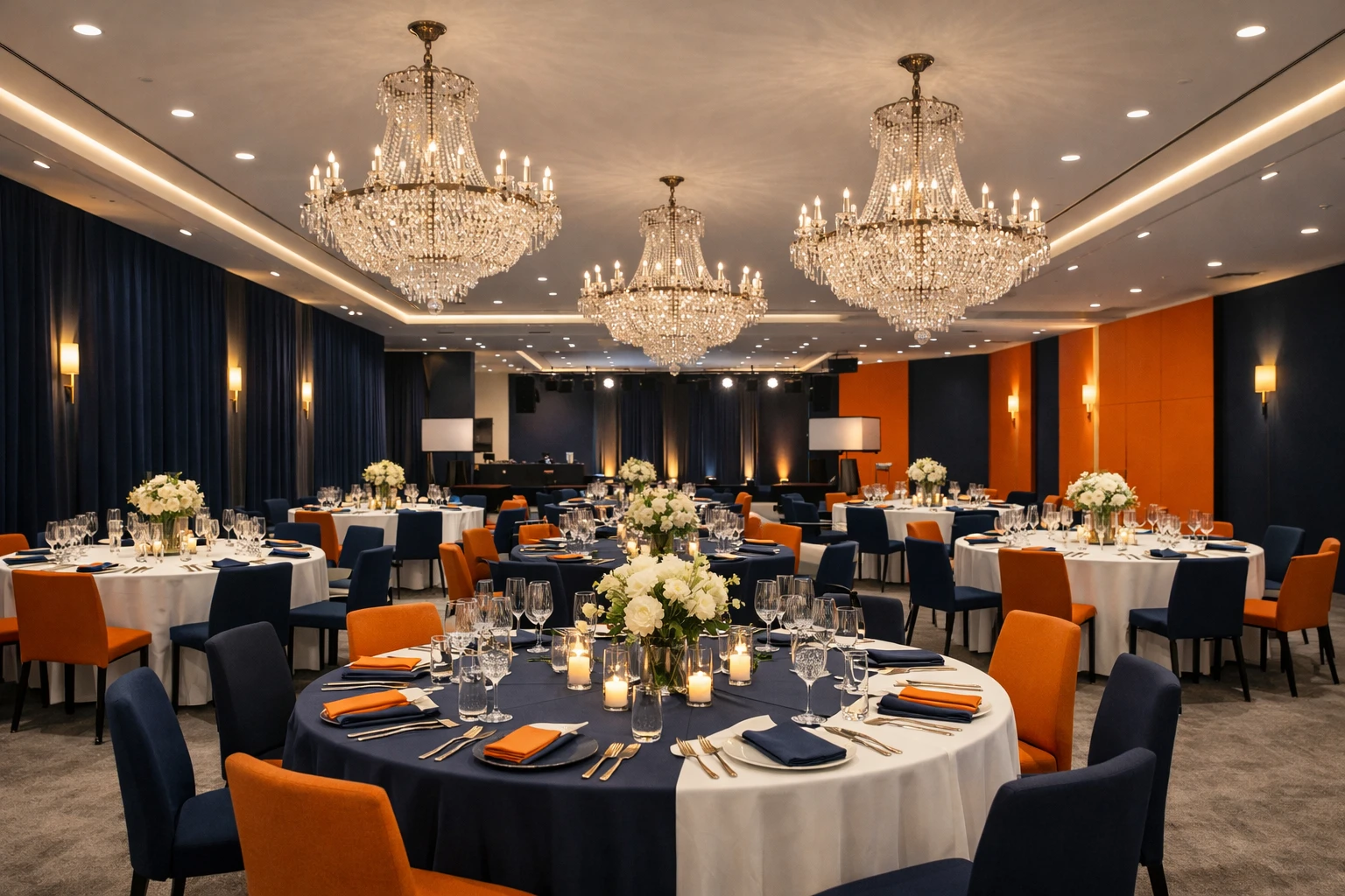 Upscale event venue setup with crystal chandeliers, premium table settings, and sophisticated ambient lighting for luxury corporate gathering, professional event management atmosphere