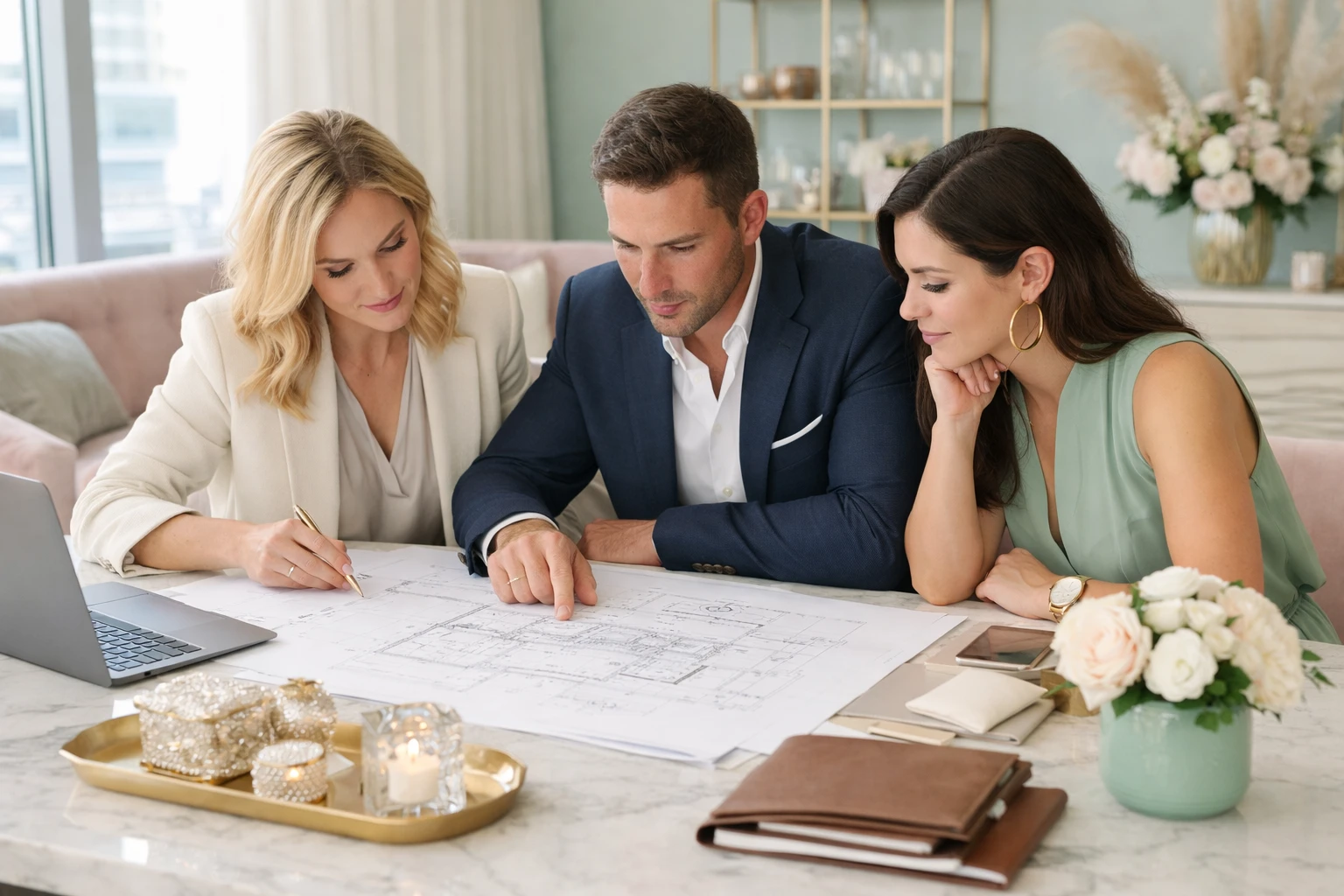 Luxury event planning workspace with premium materials, fabric swatches, elegant centerpiece designs, and professional coordinators reviewing detailed floor plans for high-end corporate event in Switzerland