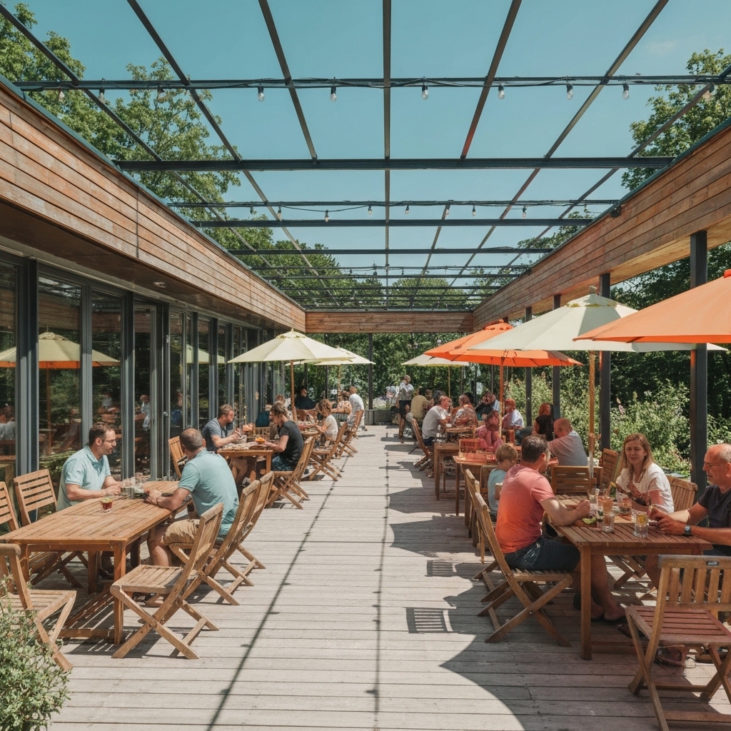 Terrasse ensoleillée de café restaurant avec tables en bois et chaises confortables, familles attablées avec enfants jouant à proximité, parasols colorés, ambiance conviviale et verdure en arrière-plan, lumière naturelle douce