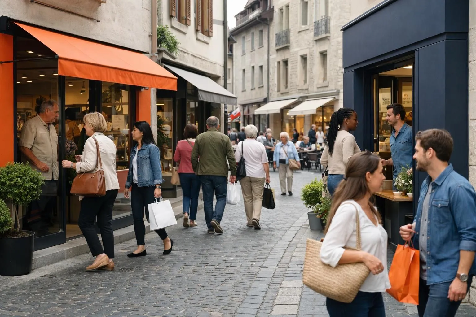 Busy Swiss shopping street in French-speaking Switzerland with diverse customers entering local shops, vibrant storefronts with awnings, pedestrians carrying shopping bags, typical Romandie architecture with colorful facades, welcoming atmosphere showing human connection between shopkeepers and clients