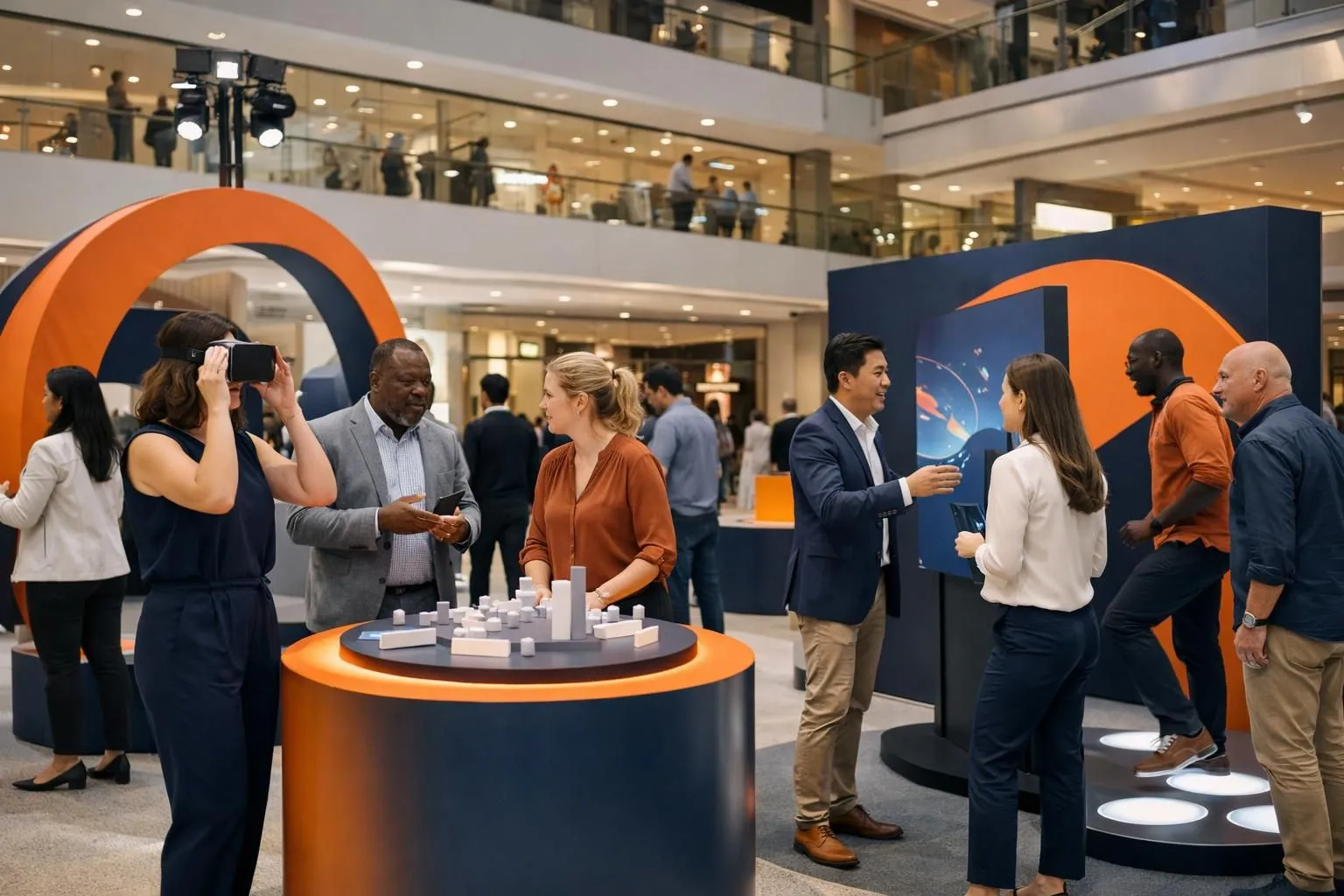 Modern corporate event in shopping center with creative installations, engaged diverse attendees interacting with innovative displays, professional lighting and contemporary setup, no text or signage visible