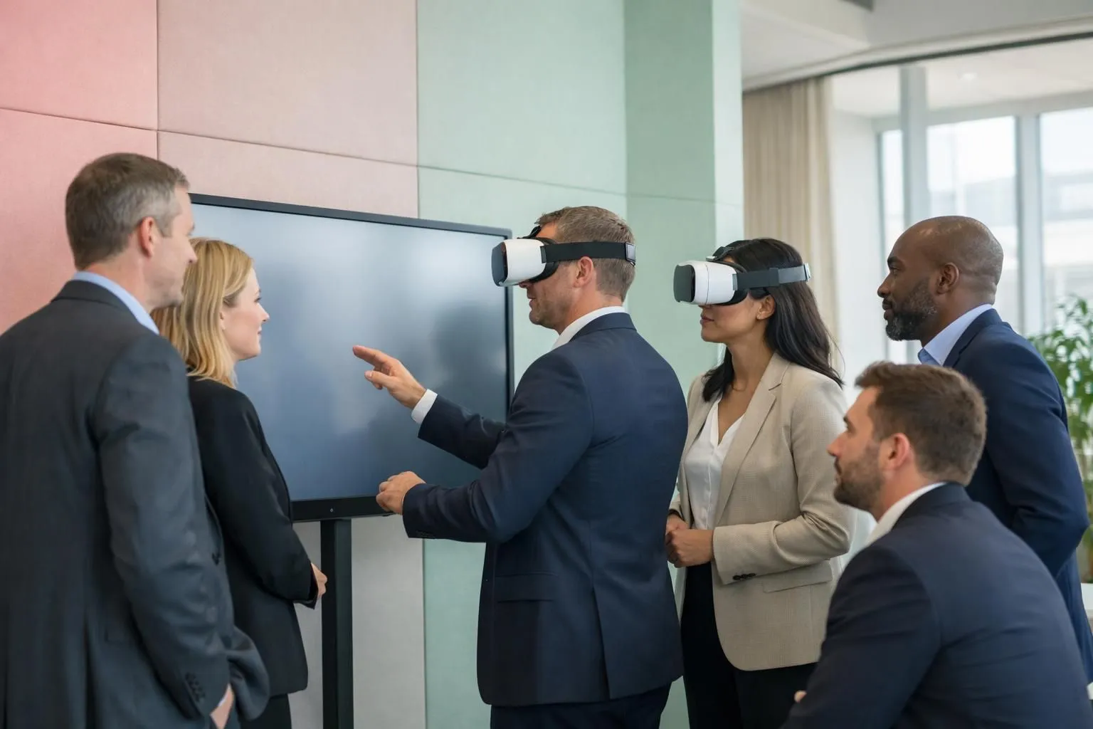 Modern corporate innovation conference with diverse business professionals engaged in interactive workshop around digital displays showing AI and sustainability concepts, some wearing VR headsets, in sleek contemporary conference venue with natural lighting