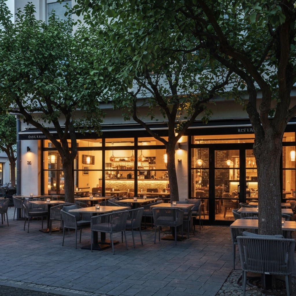 Façade chaleureuse du café restaurant des tilleuls au crépuscule, avec terrasses extérieures sous les arbres.