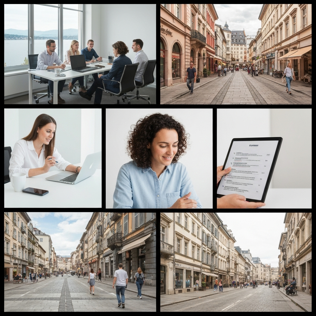 Collage photos diversifié: équipe agence marketing Lausanne, critères choix 2026. Authenticité locale.