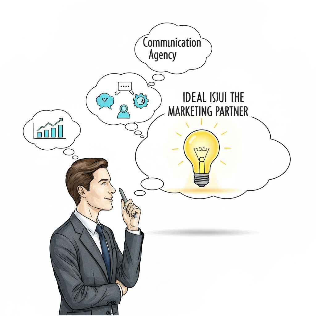 Dessin d'un professionnel choisissant l'agence comm idéale parmi des options, illustrant la recherche du partenaire marketing
