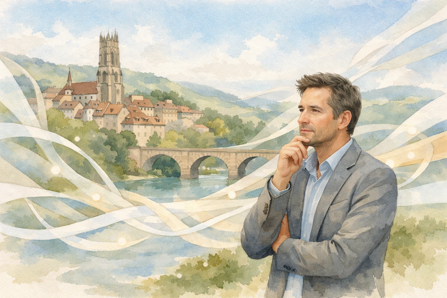 Aquarelle douce: agence communication Fribourg, partenaire idéal, idées créatives et flux organique.