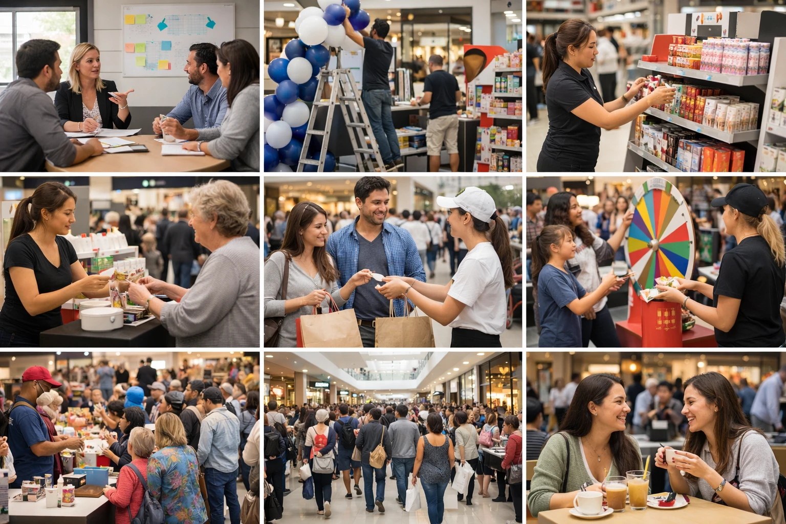 Collage: Stratégie promotion des ventes centre commercial 2026. Guide complet pour stimuler l'affluence et les achats.