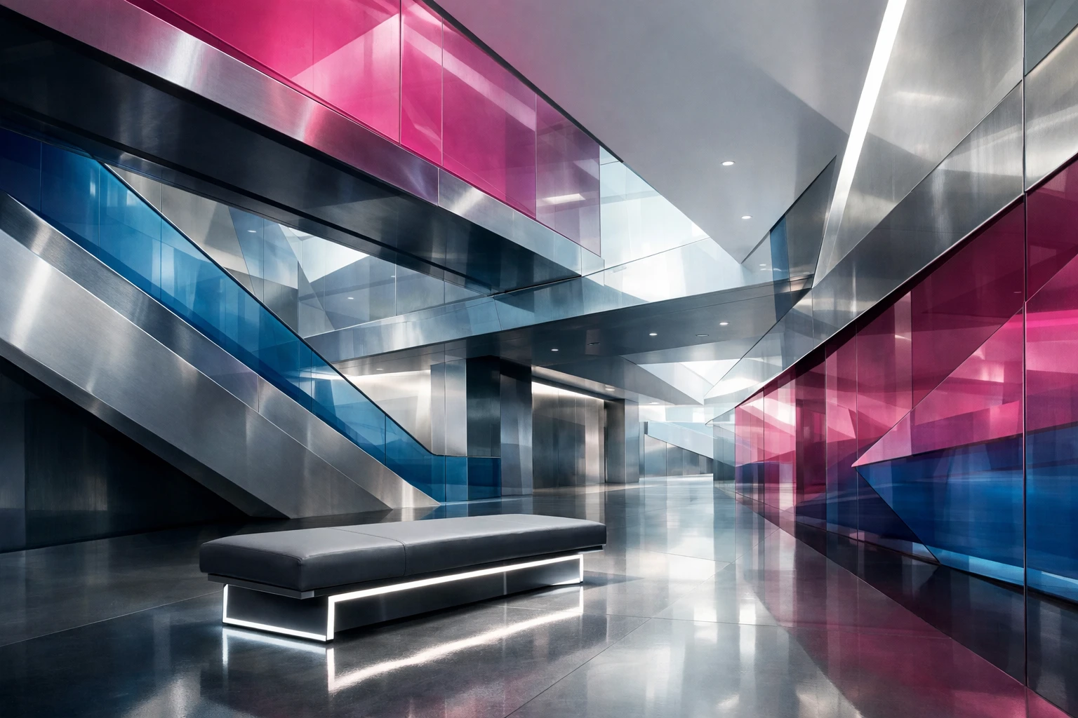 Décoration intérieure centre commercial moderne: tendances 2026, formes géométriques dynamiques et futuristes.