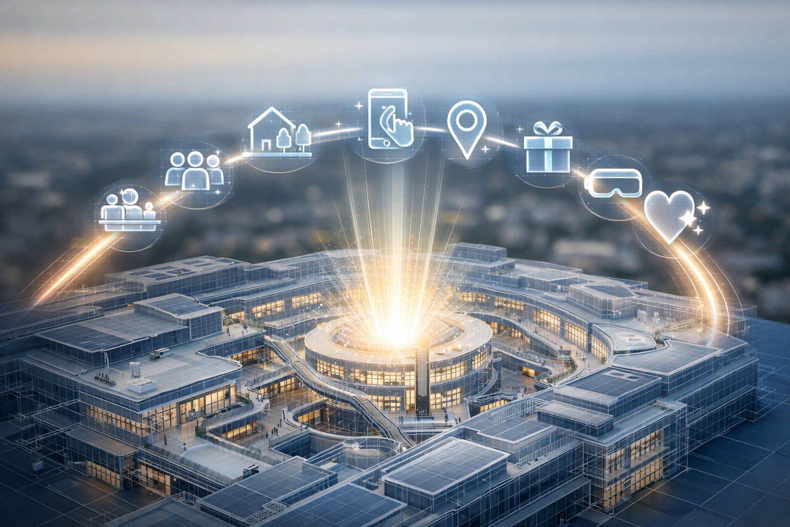 Icônes de stratégie flottantes sur fond dégradé maillé, illustrant un processus pour dynamiser un centre commercial moderne.