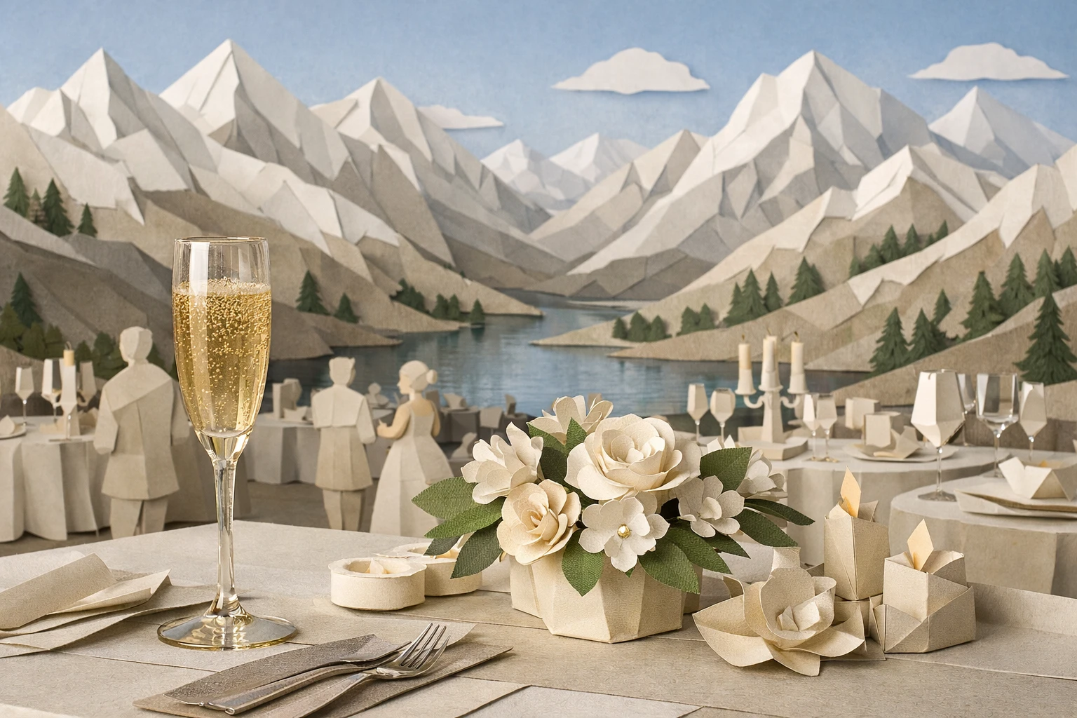 Scène paper craft élégante d'un événement de luxe en Suisse, parfait pour une agence événementiel spécialisée luxe 2026.