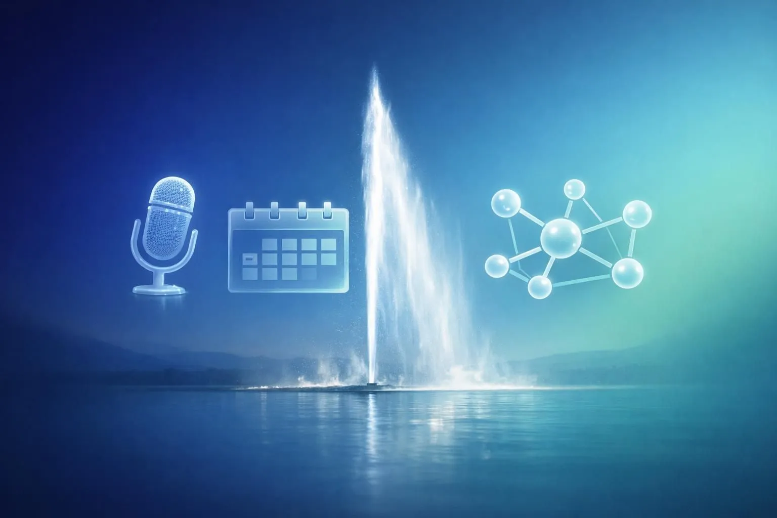 Fond dégradé et icônes flottantes illustrant l'excellence d'un prestataire événementiel genève en 2026.