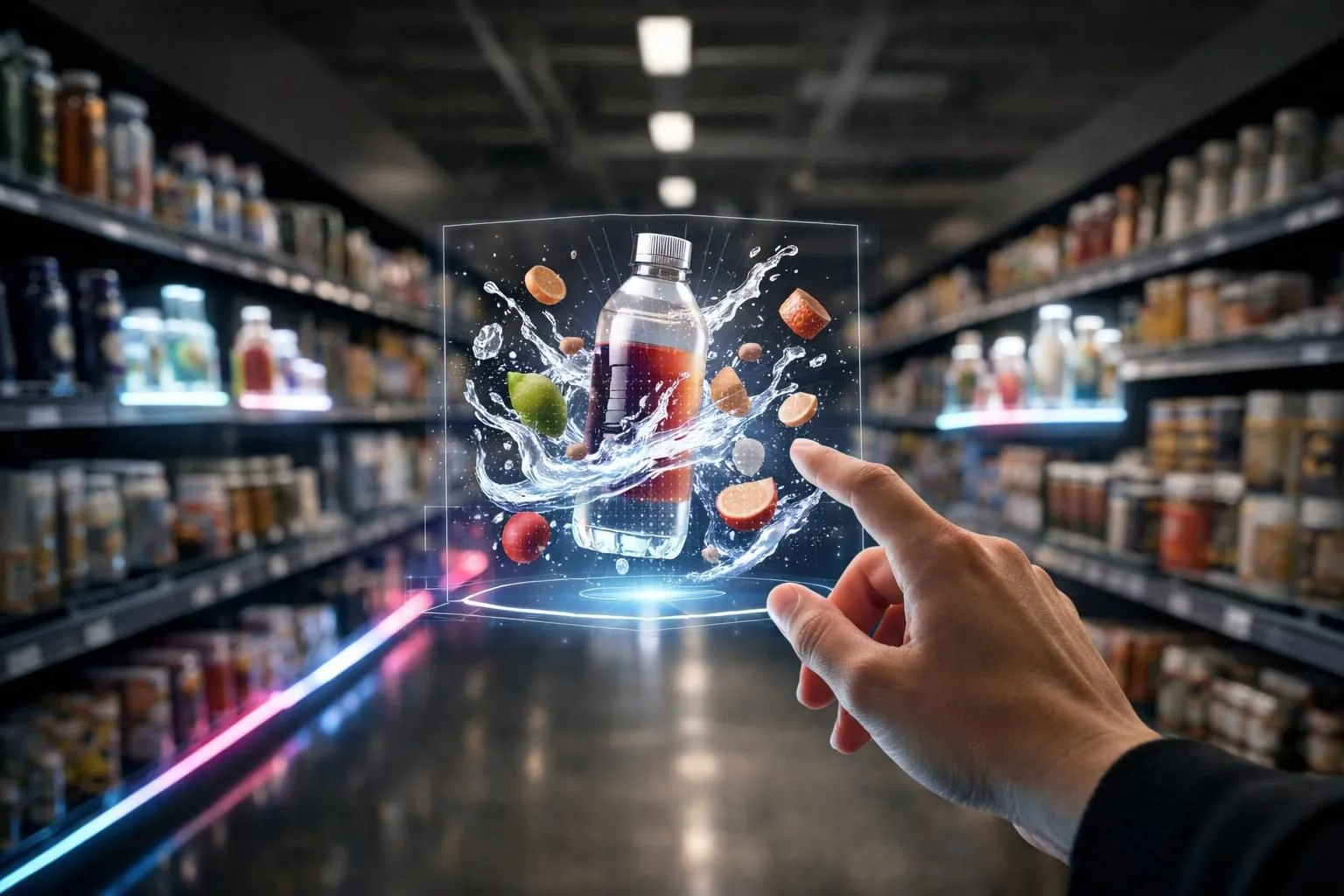 Services d'animation commerciale pour supermarchés: un shopper interagit avec des projections holographiques futuristes dans