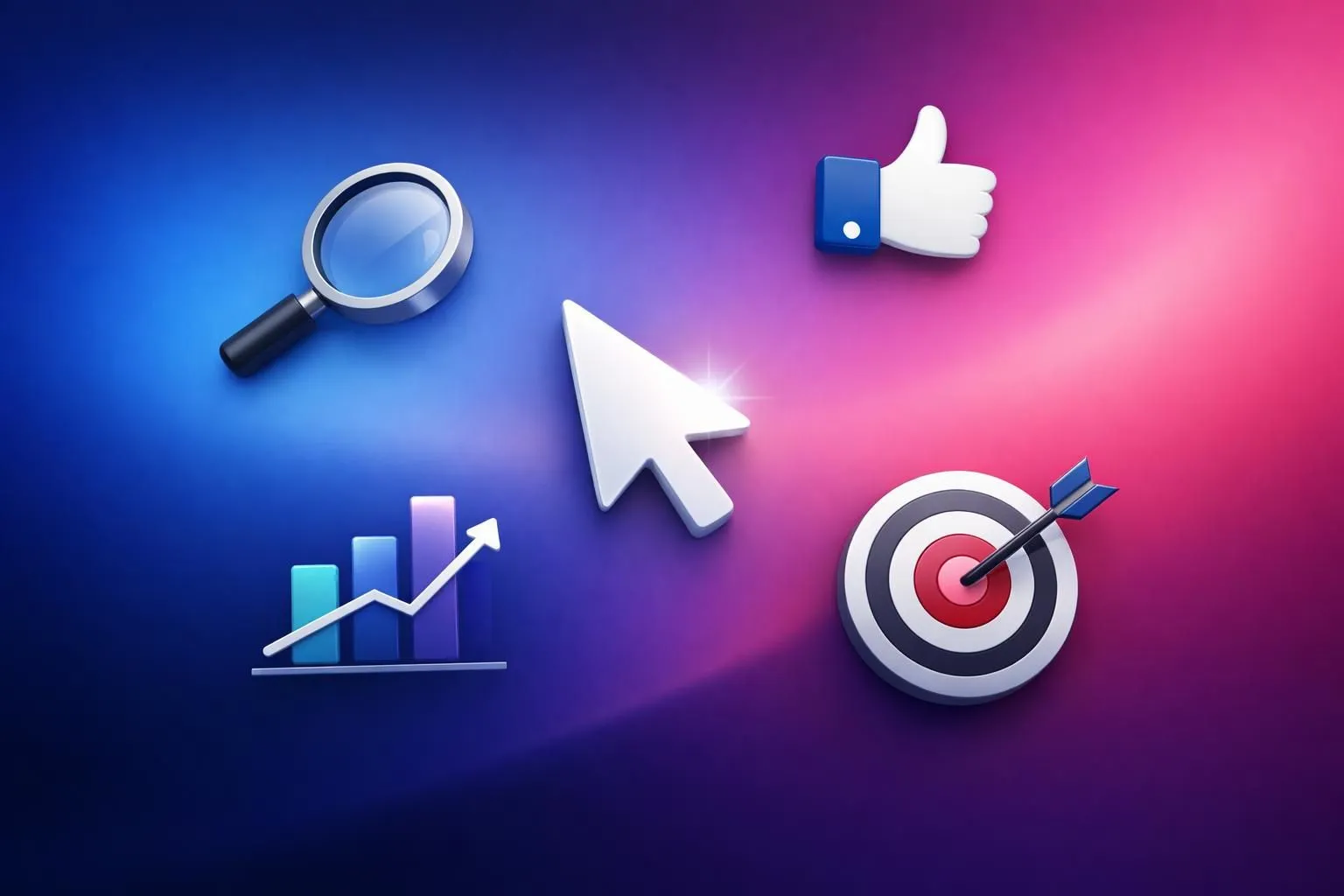 Agences marketing Romandie comparaison: icônes numériques flottantes sur fond dégradé, symbolisant le choix et l'innovation.