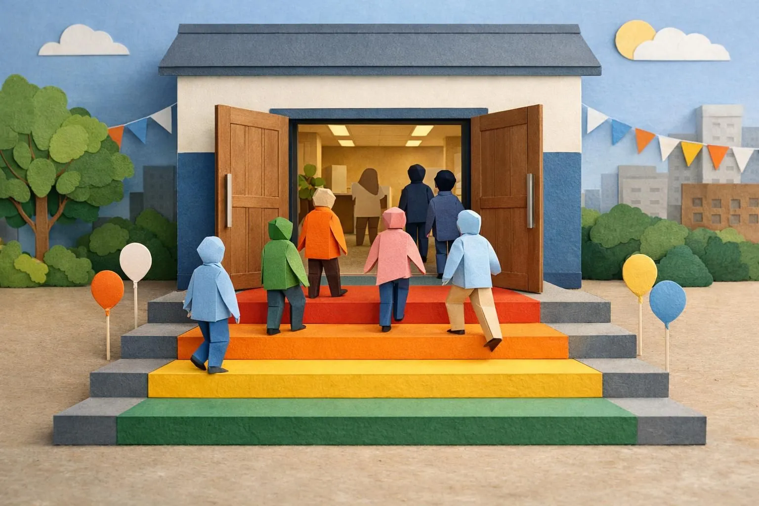 Organisation portes ouvertes entreprise réussie. Illustration en paper craft montrant 5 étapes vers le succès.