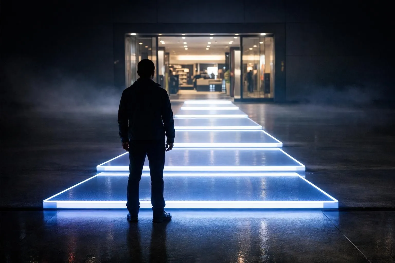 Visuel futuriste: chemin néon symbolisant les 5 étapes pour augmenter le trafic magasin en Romandie.