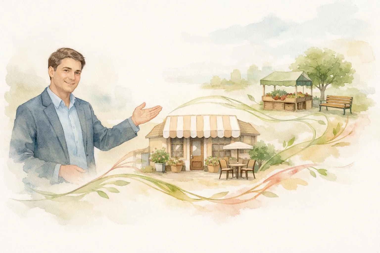 Illustration aquarelle: consultant marketing local dynamisant un commerce de proximité avec stratégie.