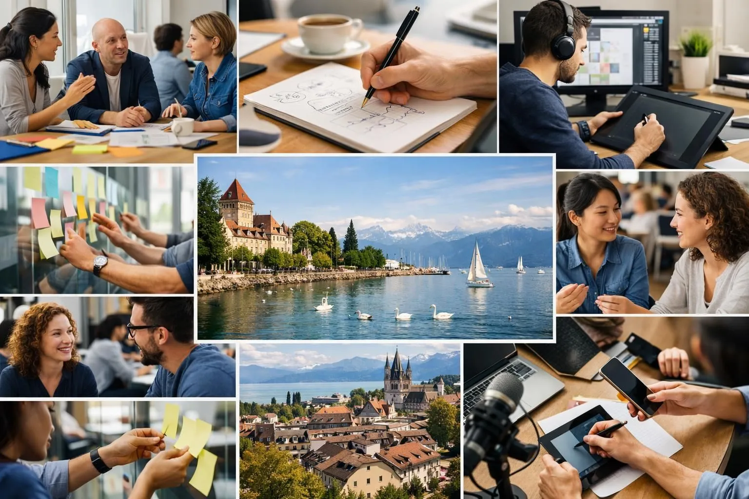 Collage authentique illustrant les diverses expertises d'une agence de communication à Lausanne pour 2026. Choix multiples.