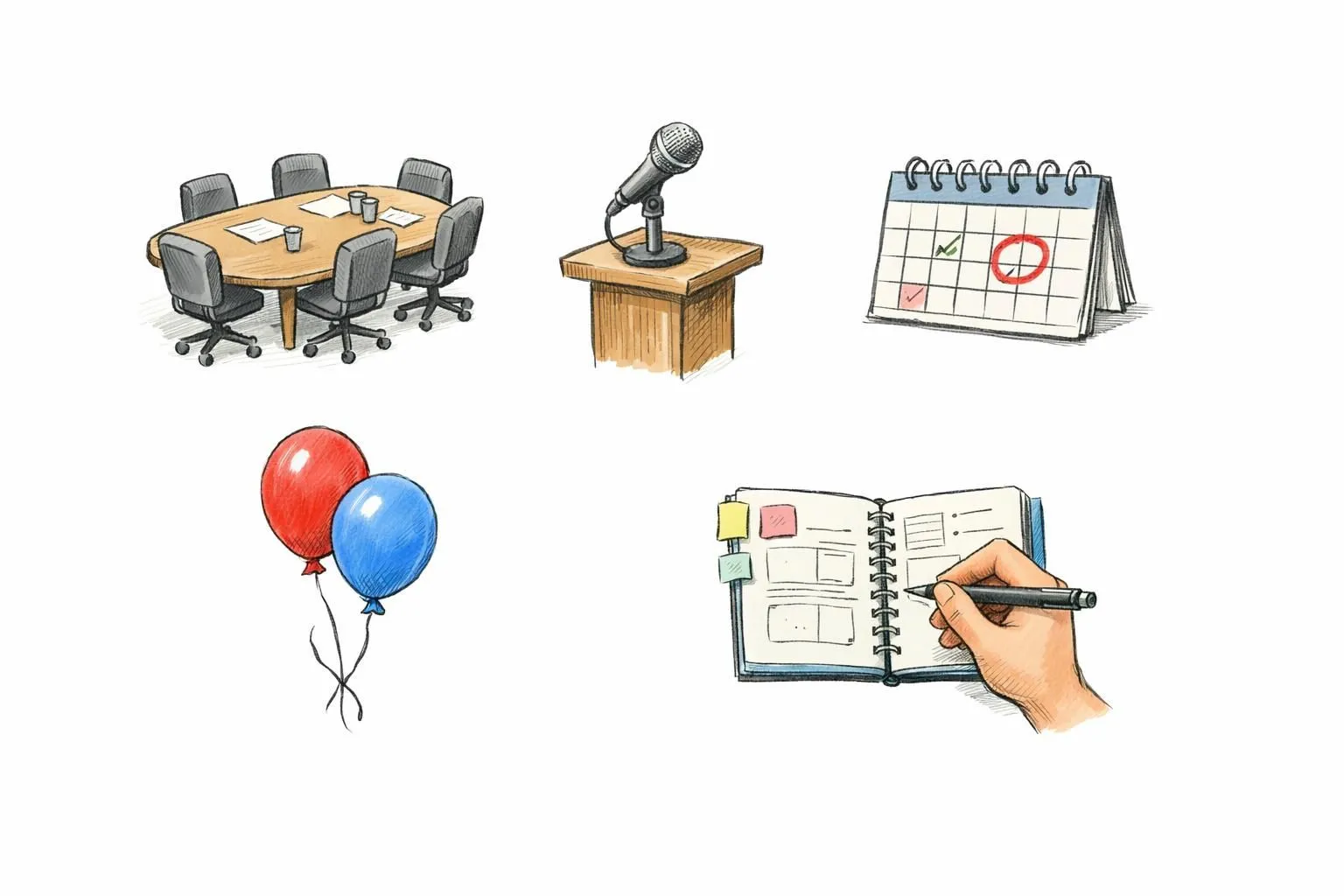 Schéma dessiné à la main d'éléments événementiels (table, micro, calendrier) pour organisateur événementiel d'entreprises en