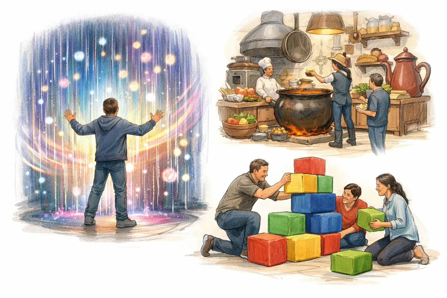 Croquis ludique de concepts événementiels originaux, comme des installations interactives et stations gastronomiques uniques.