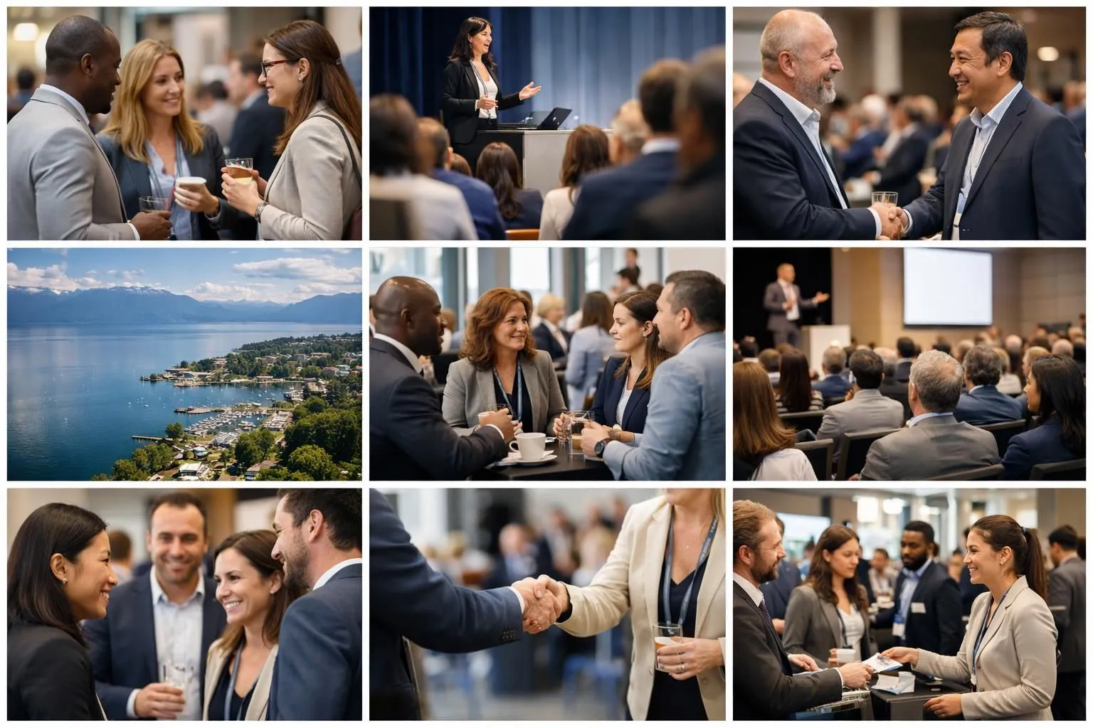 Collage authentique d'organisation d'événement commercial à Lausanne: professionnels, conférence et vue sur le lac Léman.