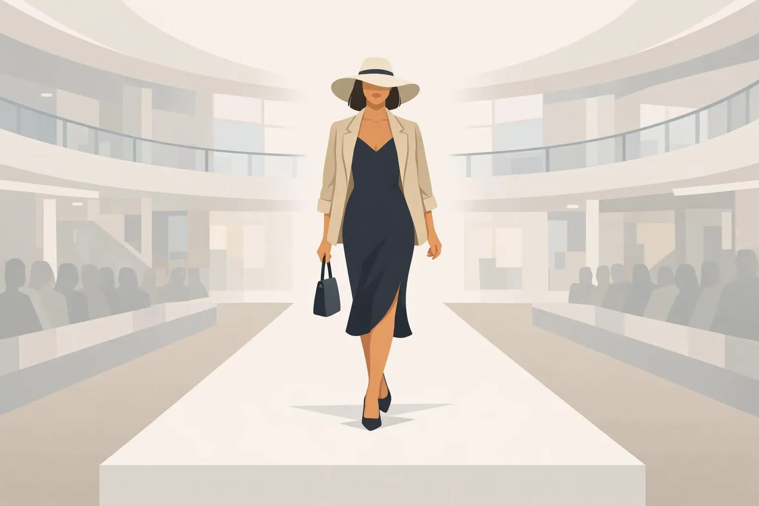 Illustration minimaliste d'un défilé de mode élégant organisé dans un centre commercial, étapes pour réussir.