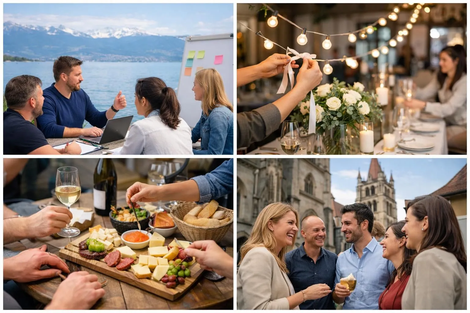 Collage photo des étapes pour organiser un événement réussi à Lausanne, montrant planification et célébration.