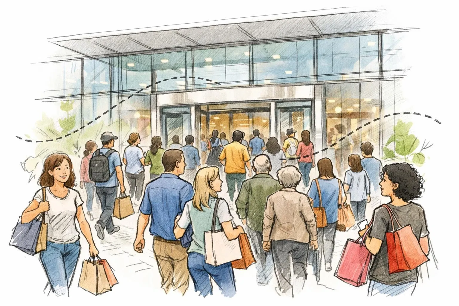 Croquis dessiné à la main de personnes affluant vers un centre commercial, illustrant comment augmenter trafic centre commerc