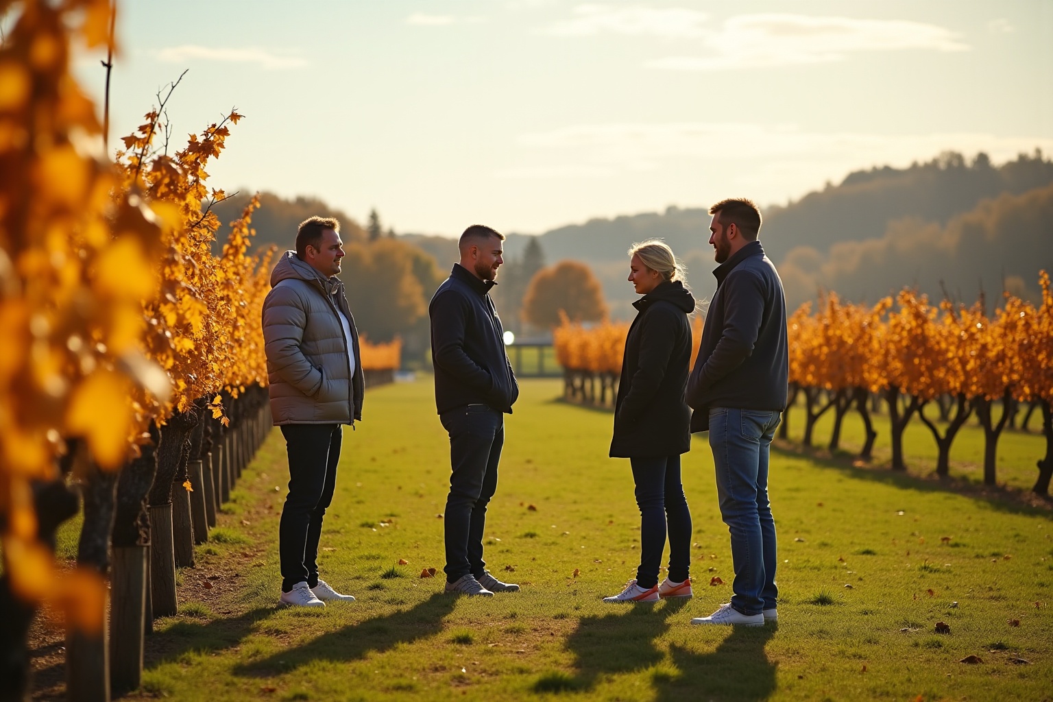 Groupe d'amis profitant d'une promenade automnale dans un vignoble.