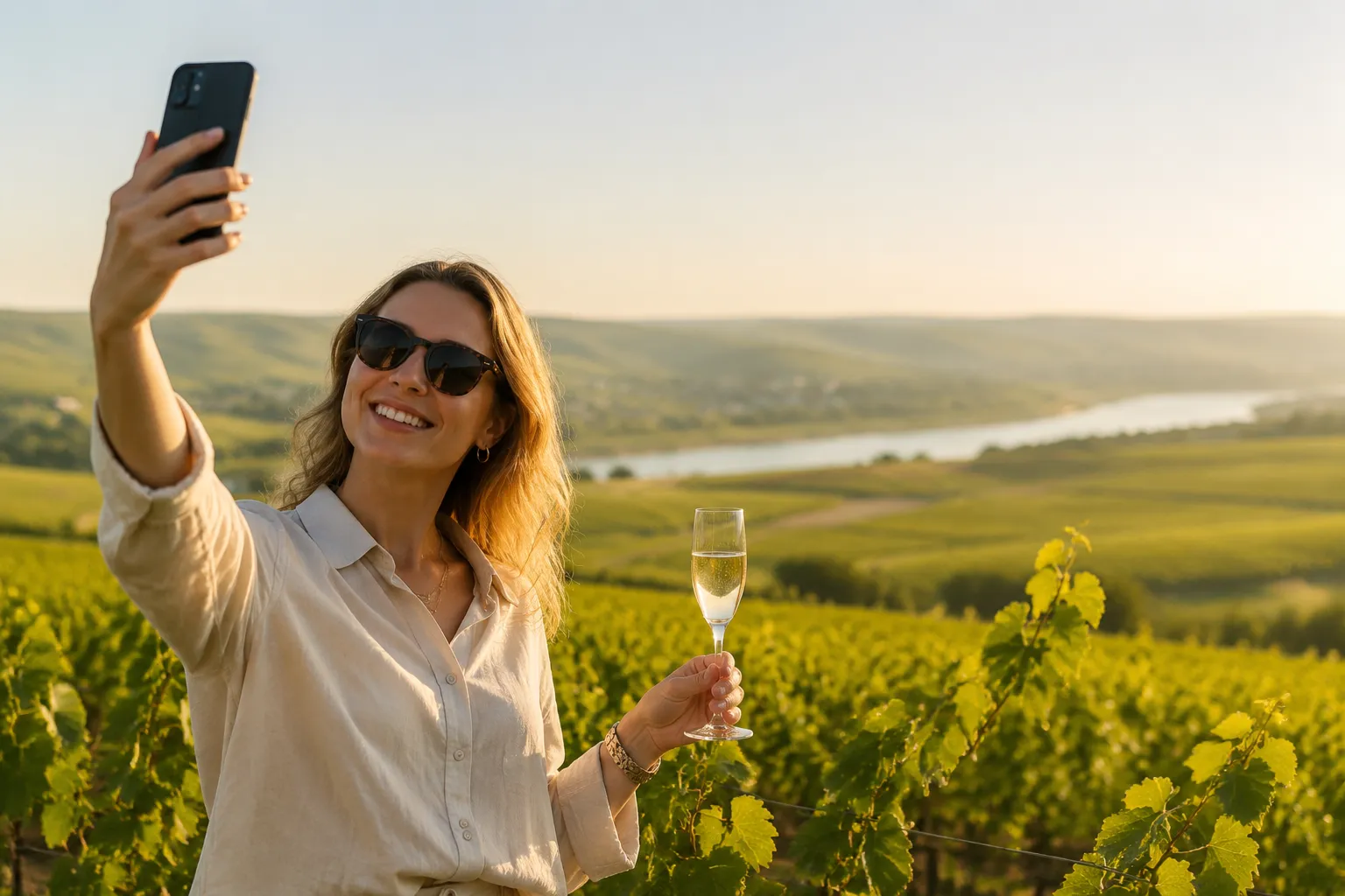 Femme prenant un selfie avec un verre de vin dans un vignoble.