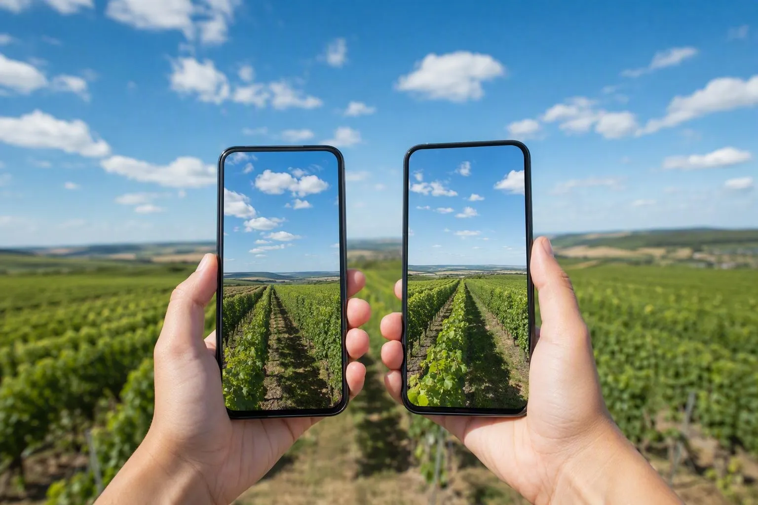 Deux smartphones capturant un paysage de vignobles verdoyants sous un ciel bleu.